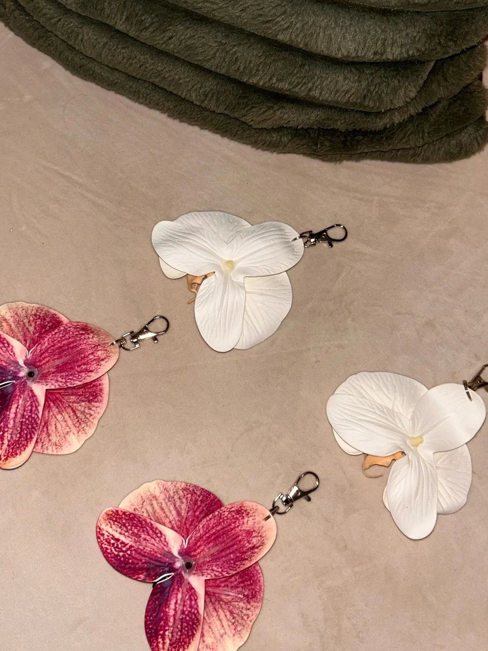 4 Orchid Flower Keychain Charm - 2 White and 2 Pink